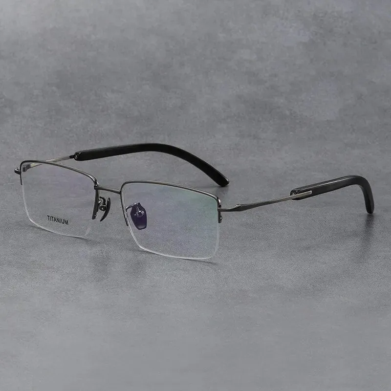 Hdcrafter Men's Semi Rim Square Titanium Horn Temple Eyeglasses H2302