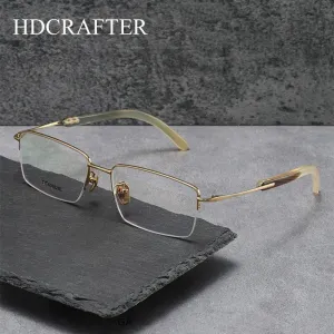 Hdcrafter Men's Semi Rim Square Titanium Horn Temple Eyeglasses H2302