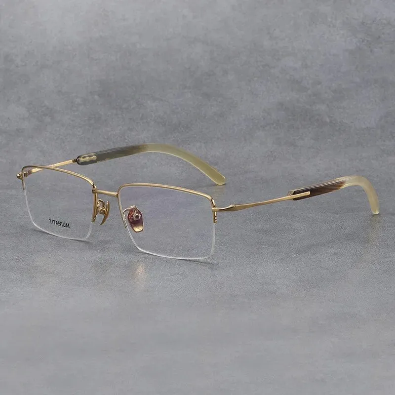 Hdcrafter Men's Semi Rim Square Titanium Horn Temple Eyeglasses H2302