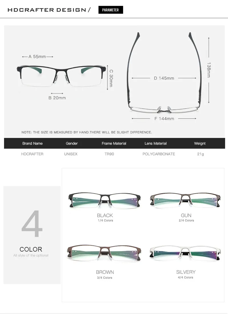 Hdcrafter Men's Semi Rim TR 90 Titanium Rectangle Frame Eyeglasses 9065