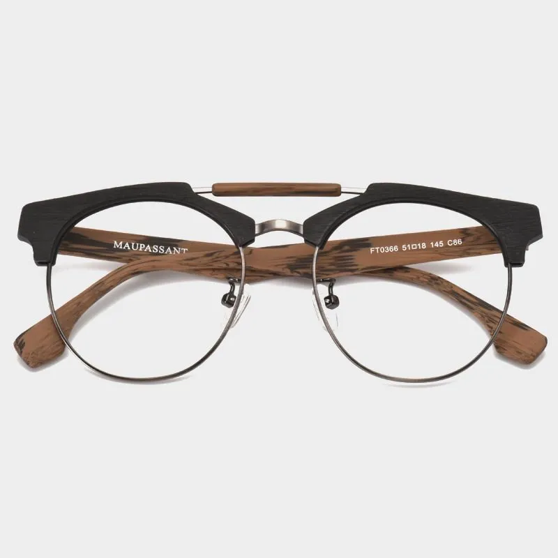 Hdcrafter Unisex Full Rim Round Wood Alloy Double Bridge Frame Eyeglasses Ft0366