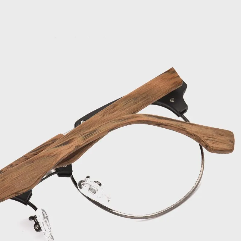 Hdcrafter Unisex Full Rim Round Wood Alloy Double Bridge Frame Eyeglasses Ft0366