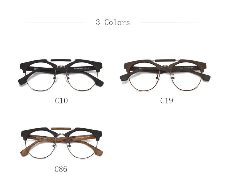 Hdcrafter Unisex Full Rim Round Wood Alloy Double Bridge Frame Eyeglasses Ft0366