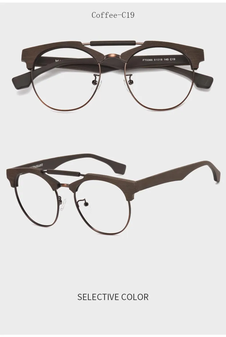Hdcrafter Unisex Full Rim Round Wood Alloy Double Bridge Frame Eyeglasses Ft0366