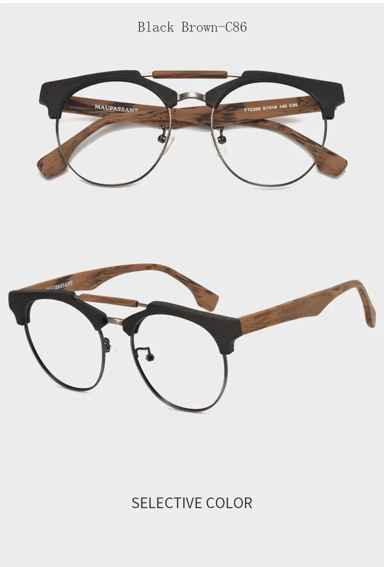 Hdcrafter Unisex Full Rim Round Wood Alloy Double Bridge Frame Eyeglasses Ft0366
