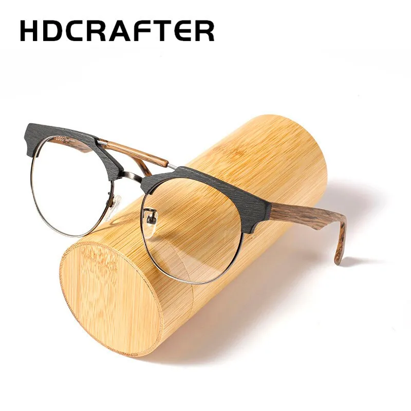 Hdcrafter Unisex Full Rim Round Wood Alloy Double Bridge Frame Eyeglasses Ft0366