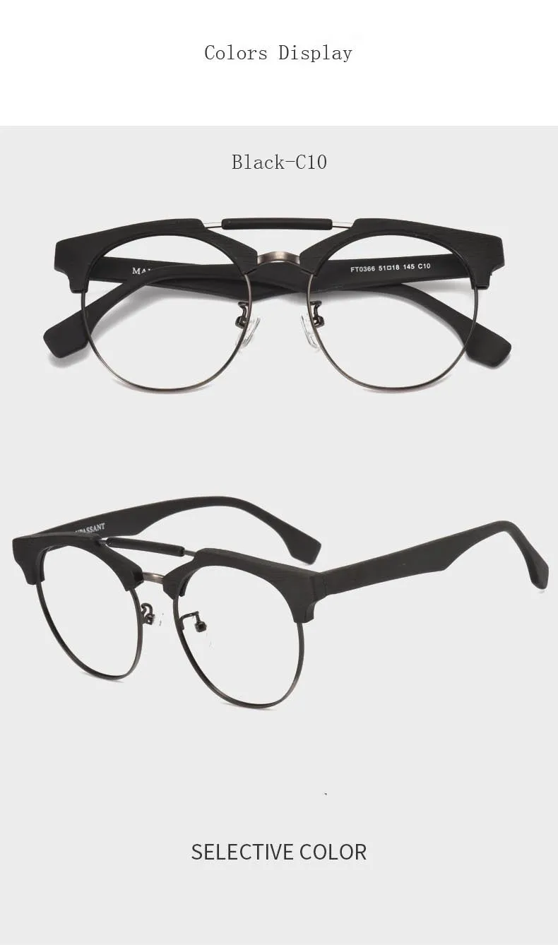Hdcrafter Unisex Full Rim Round Wood Alloy Double Bridge Frame Eyeglasses Ft0366
