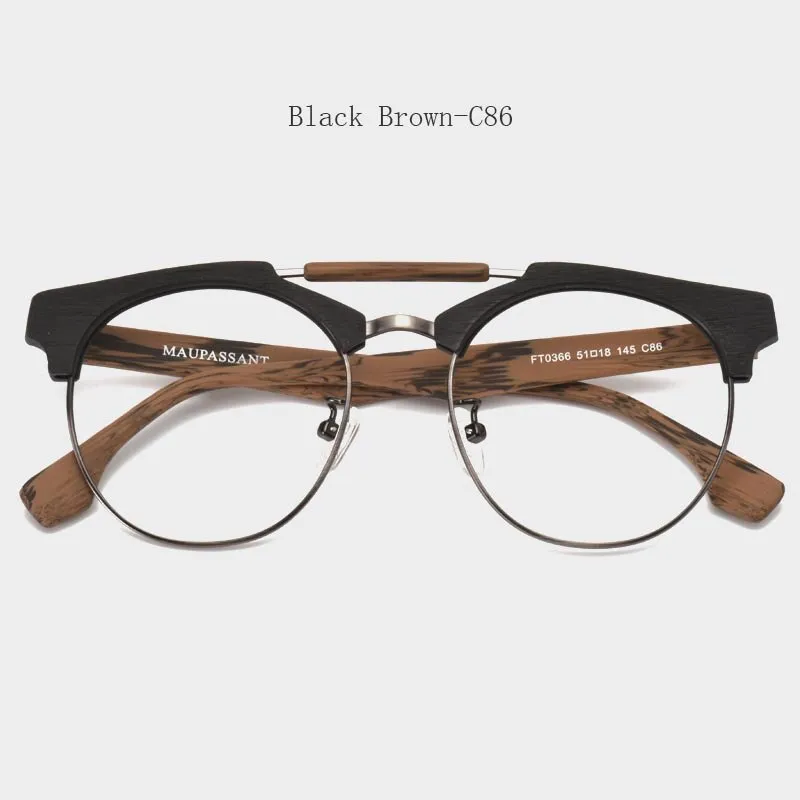 Hdcrafter Unisex Full Rim Round Wood Alloy Double Bridge Frame Eyeglasses Ft0366