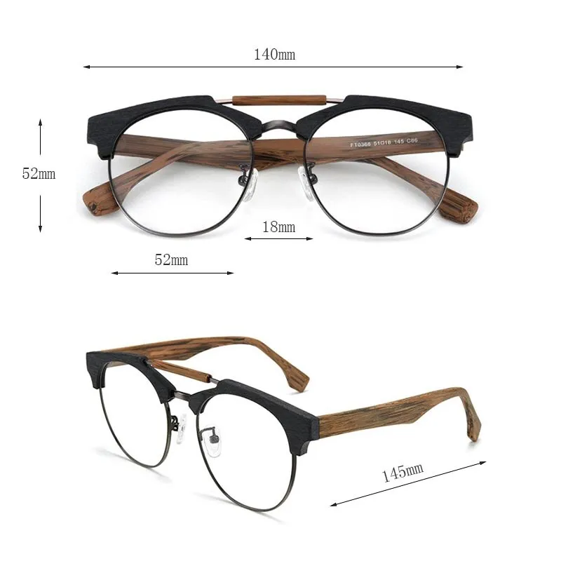 Hdcrafter Unisex Full Rim Round Wood Alloy Double Bridge Frame Eyeglasses Ft0366