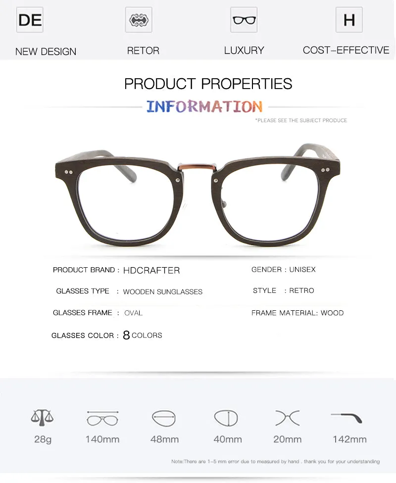 Hdcrafter Unisex Full Rim Square Round Wood Frame Eyeglasses Lbh025