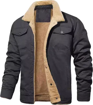 JEShifangjiusu Men'S Warm Sherpa Lined Fleece Coat Button Down Outdoor Jackets Shirt Casual Winter Cotton Military Jacket