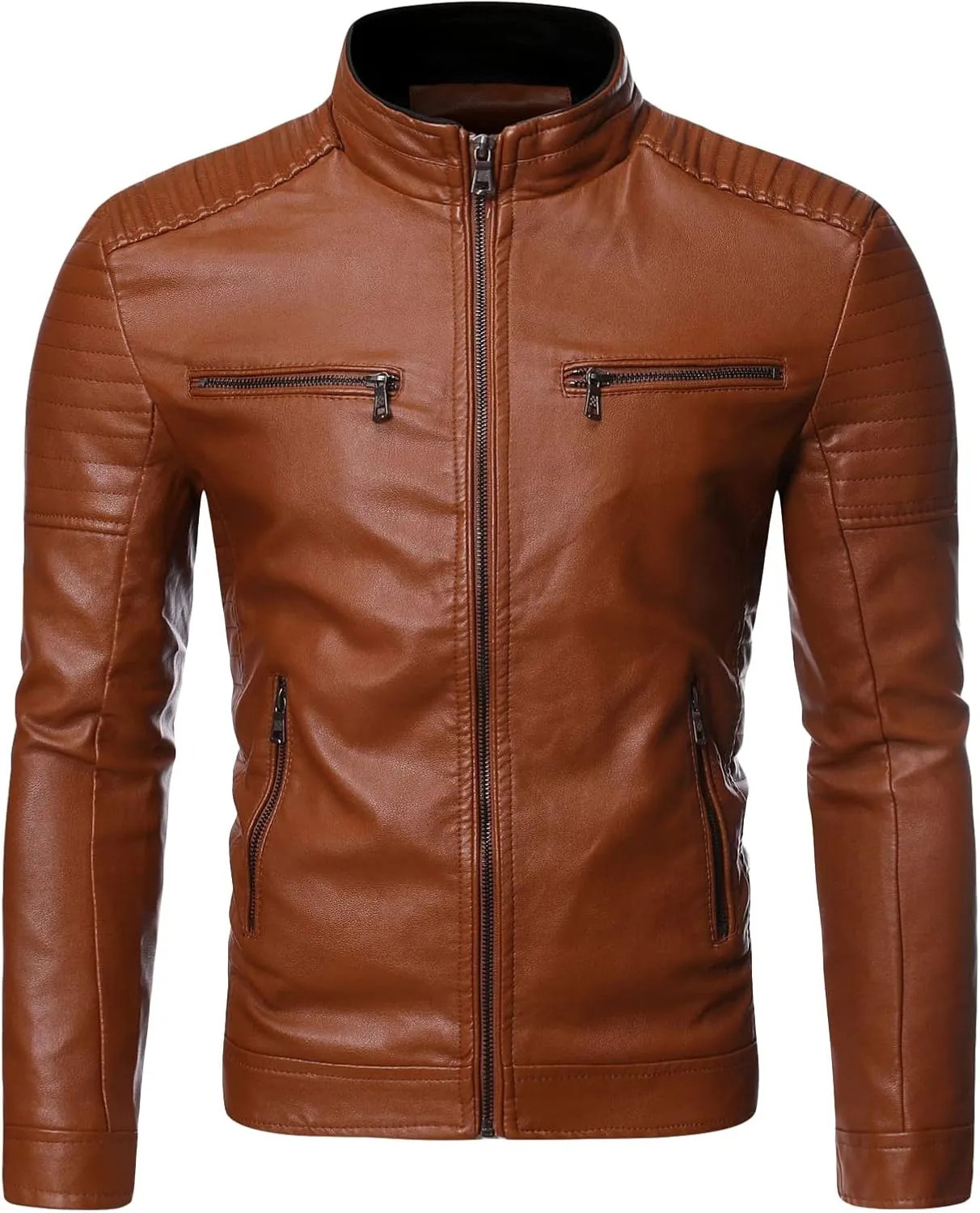 JEsilunmaMY Moto Bike Leather Jacket for Men Stand Collar Zip Up Motorcycle Bomber Jackets Lightweight Slimming Fall Outwear