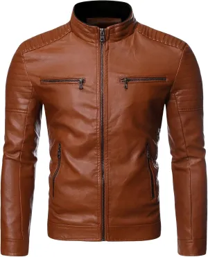JEsilunmaMY Moto Bike Leather Jacket for Men Stand Collar Zip Up Motorcycle Bomber Jackets Lightweight Slimming Fall Outwear