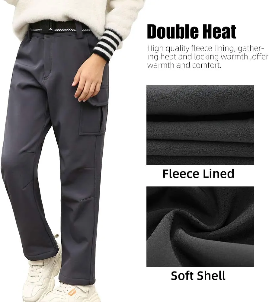 JOMLUN Boy's Fleece Lined Hiking Pants Waterproof Windproof Warm Soft Shell Outdoor Cargo Pants Snow Ski Walking Trousers