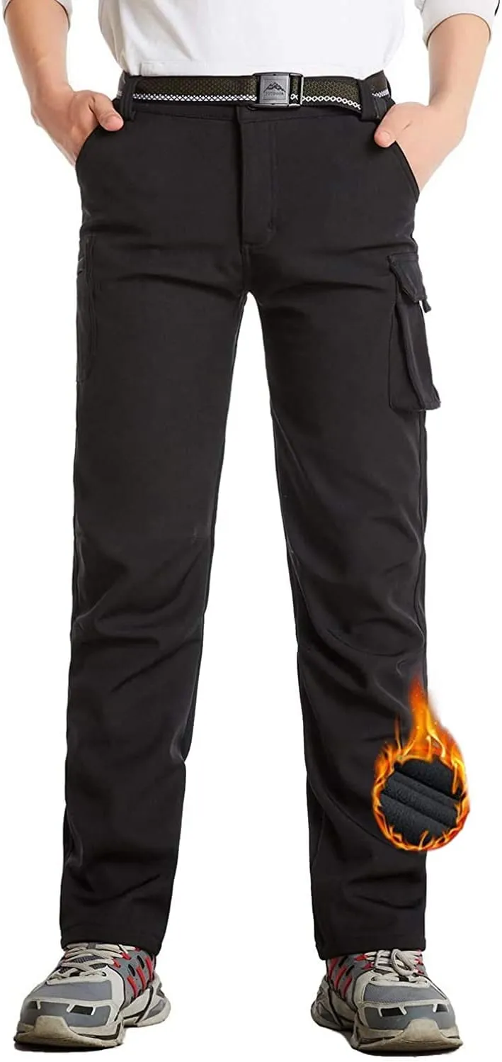 JOMLUN Boy's Fleece Lined Hiking Pants Waterproof Windproof Warm Soft Shell Outdoor Cargo Pants Snow Ski Walking Trousers
