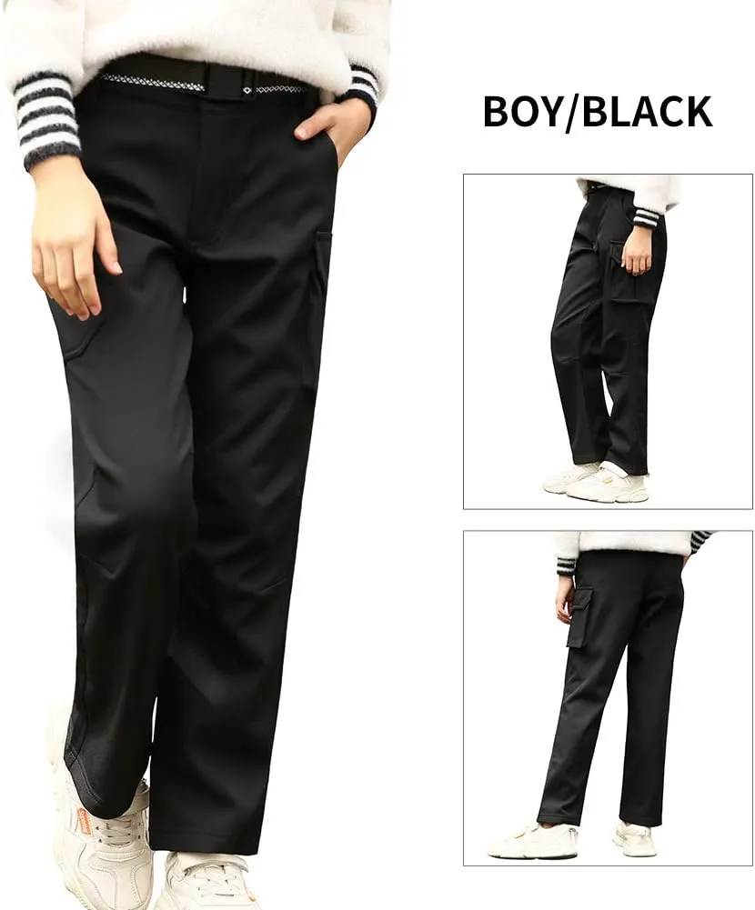JOMLUN Boy's Fleece Lined Hiking Pants Waterproof Windproof Warm Soft Shell Outdoor Cargo Pants Snow Ski Walking Trousers