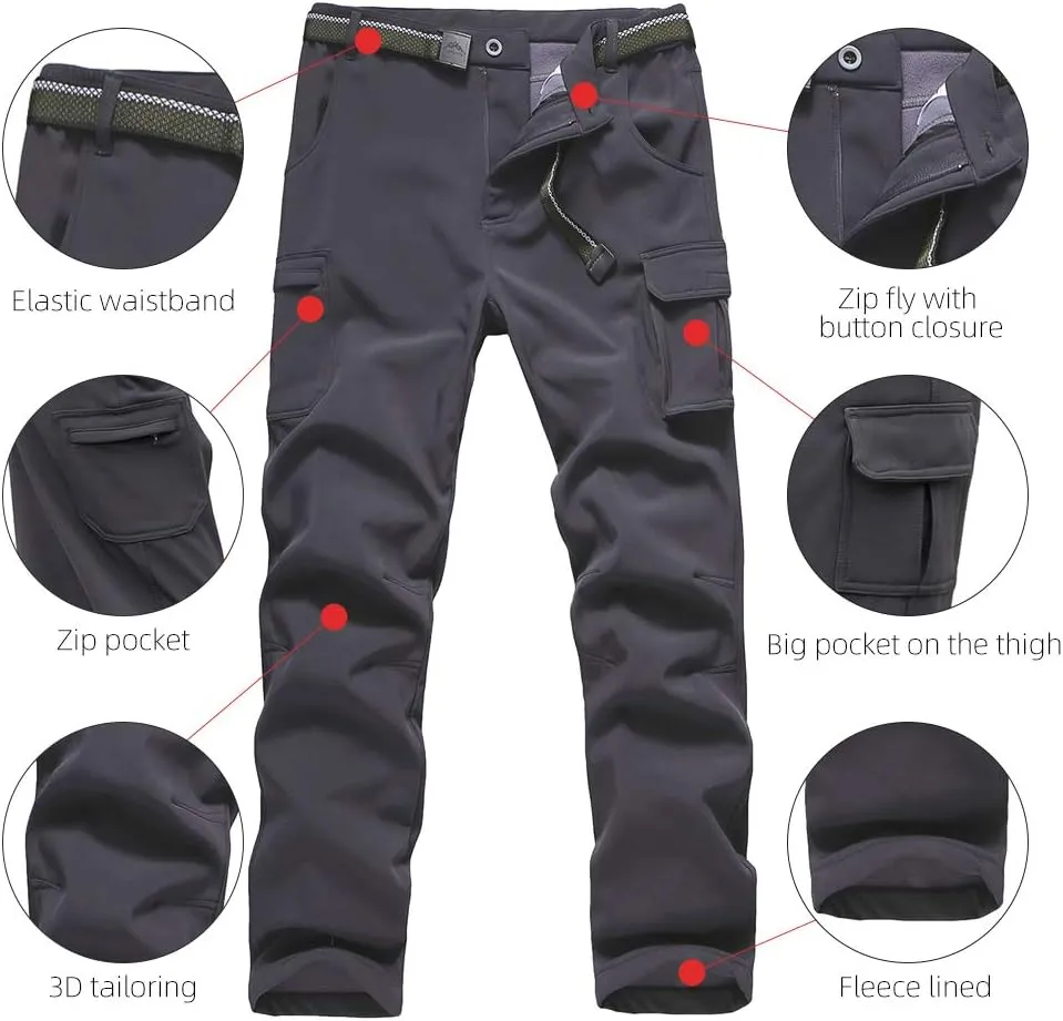 JOMLUN Boy's Fleece Lined Hiking Pants Waterproof Windproof Warm Soft Shell Outdoor Cargo Pants Snow Ski Walking Trousers