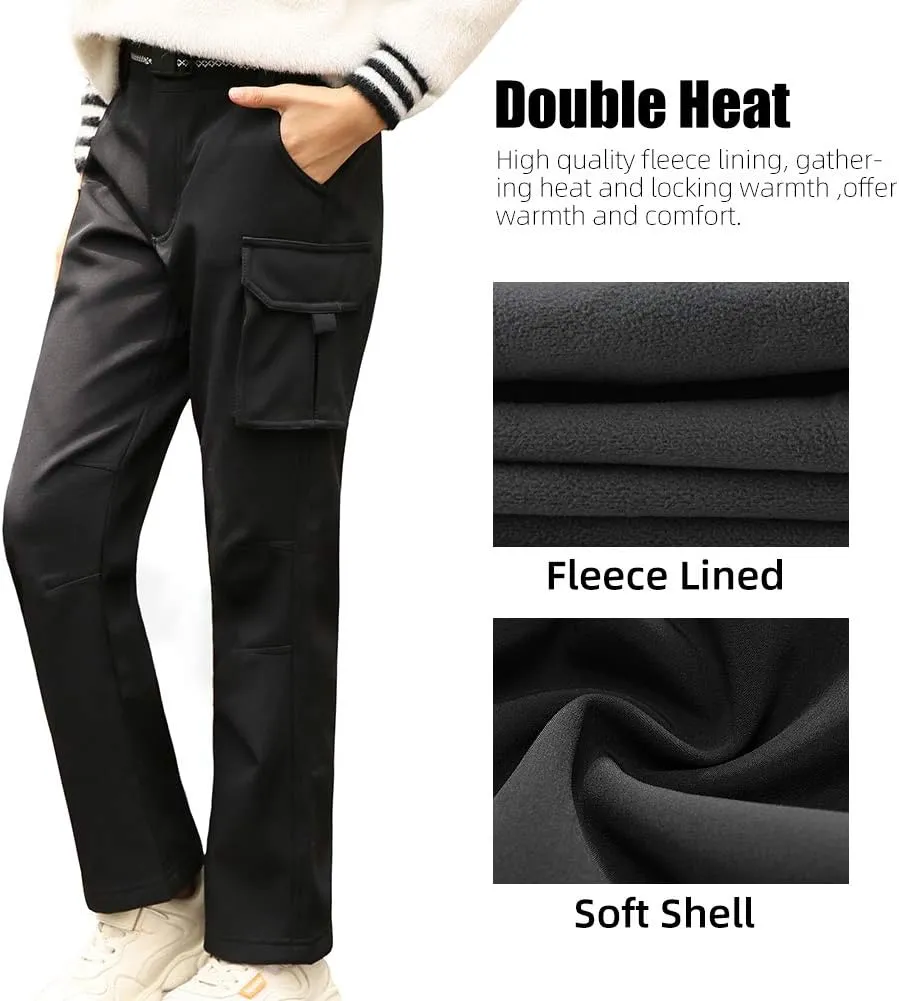 JOMLUN Boy's Fleece Lined Hiking Pants Waterproof Windproof Warm Soft Shell Outdoor Cargo Pants Snow Ski Walking Trousers