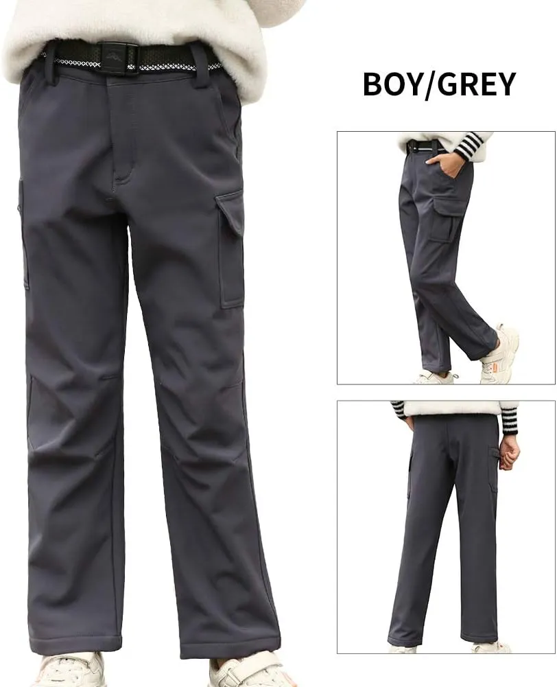 JOMLUN Boy's Fleece Lined Hiking Pants Waterproof Windproof Warm Soft Shell Outdoor Cargo Pants Snow Ski Walking Trousers