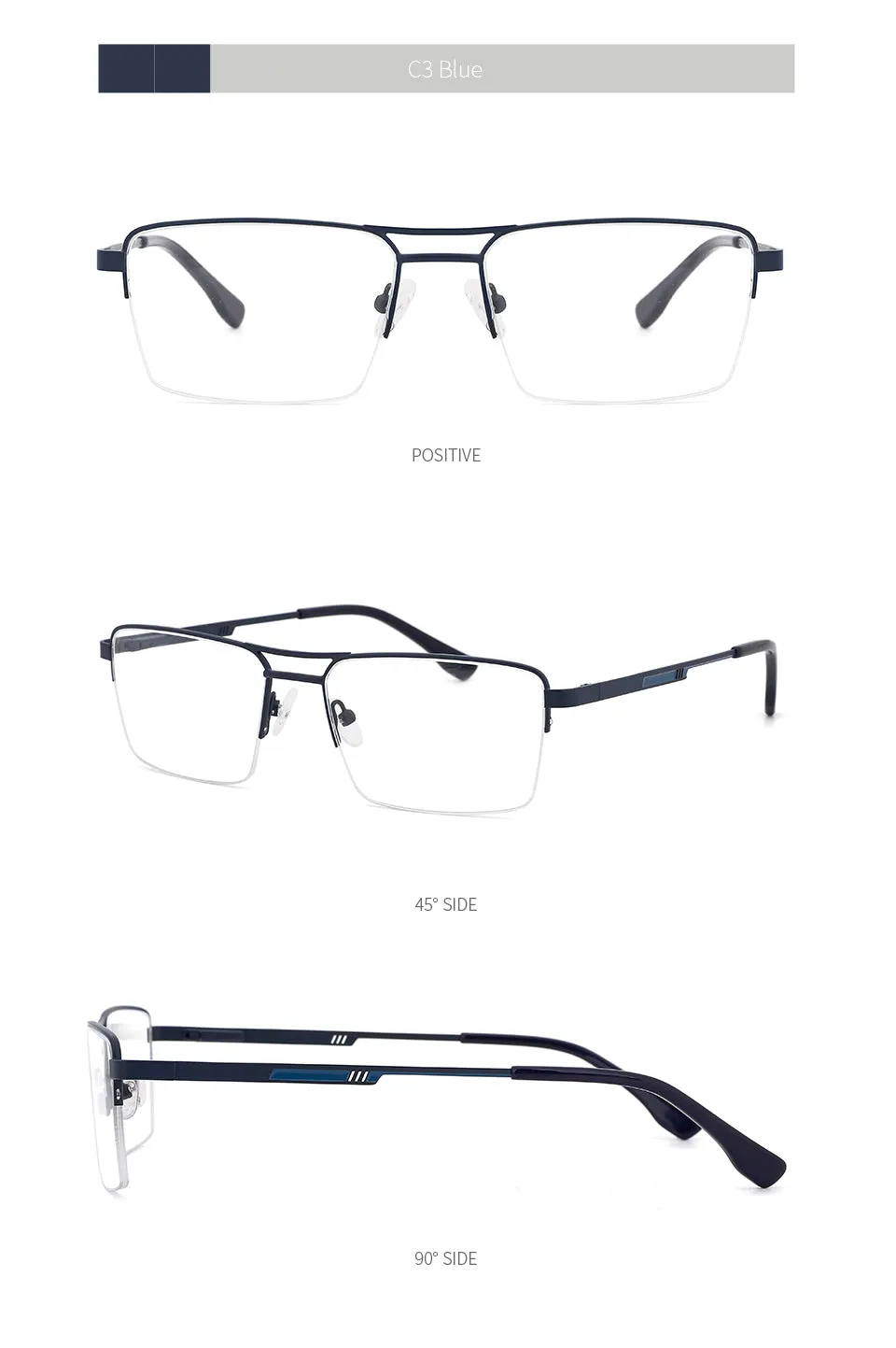 Kansept Men's Semi Rim Square Double Bridge Stainless Steel Frame Eyeglasses Me2360