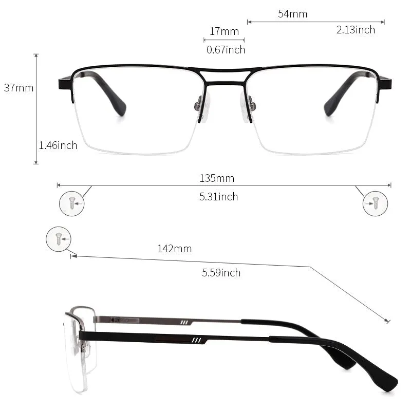 Kansept Men's Semi Rim Square Double Bridge Stainless Steel Frame Eyeglasses Me2360
