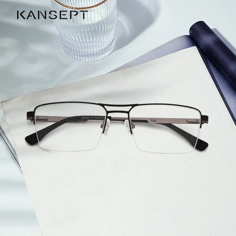 Kansept Men's Semi Rim Square Double Bridge Stainless Steel Frame Eyeglasses Me2360