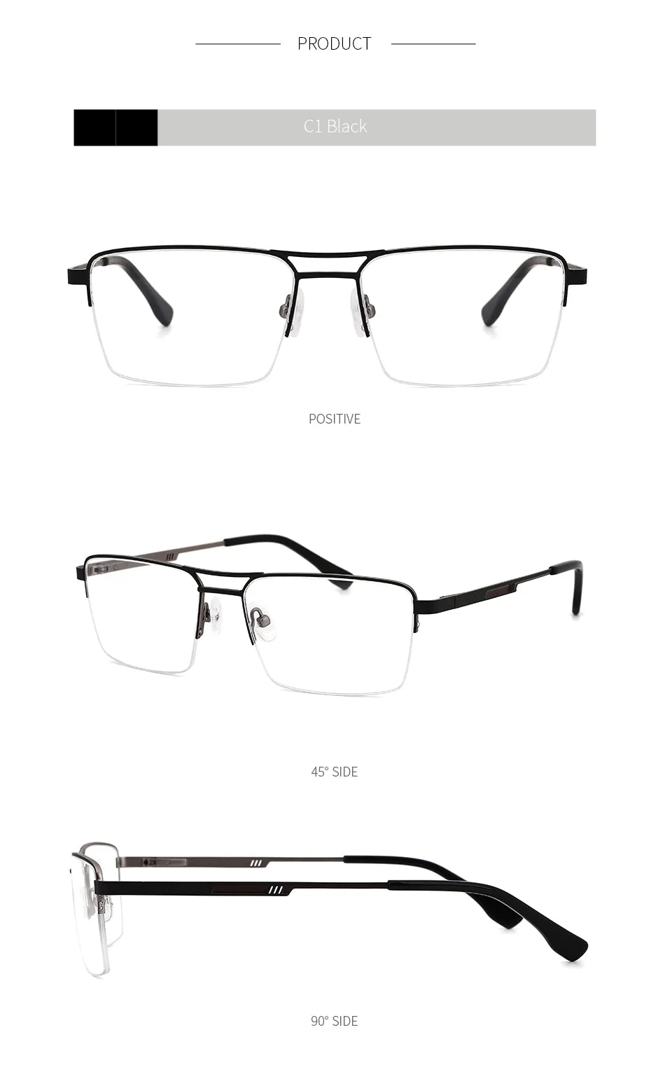 Kansept Men's Semi Rim Square Double Bridge Stainless Steel Frame Eyeglasses Me2360