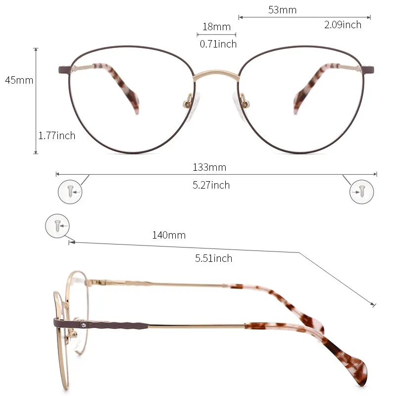 Kansept Women's Full Rim Round Stainless Steel Frame Eyeglasses 2329