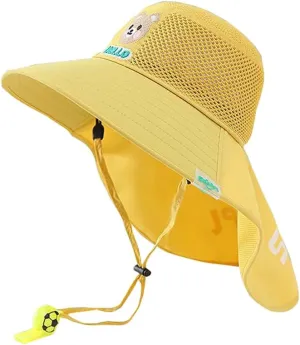 Kids Sun-Hat Outdoor UV Protection Cap Hat Wide Brim Breathable Sun Hat for Children with Whistle-Yellow