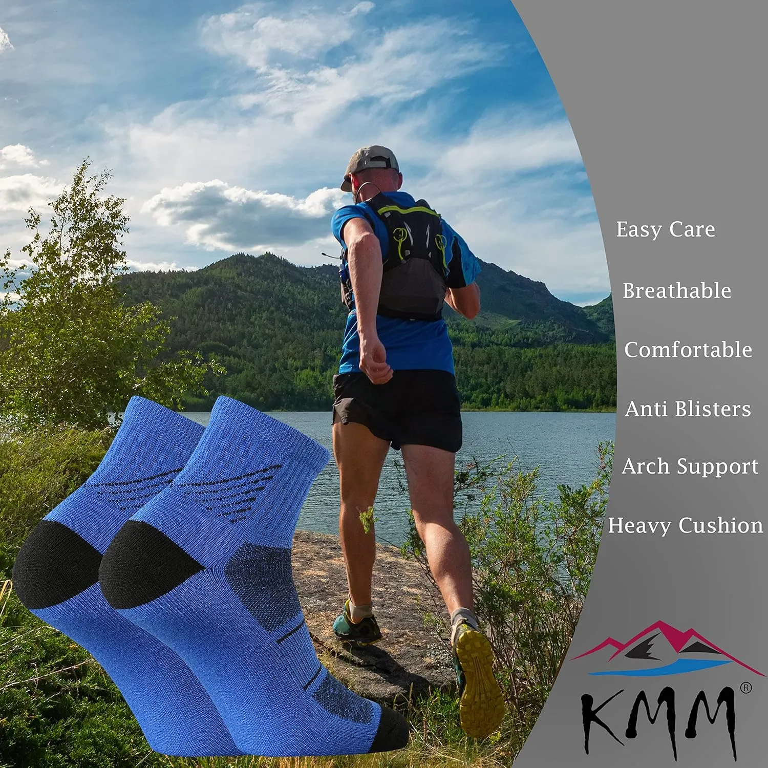 KMM Men's Merino Wool Low Cut Ankle Socks Lightweight Quarter Cushion Anti Blisters Outdoor Hiking Hike Cycling Trail Running