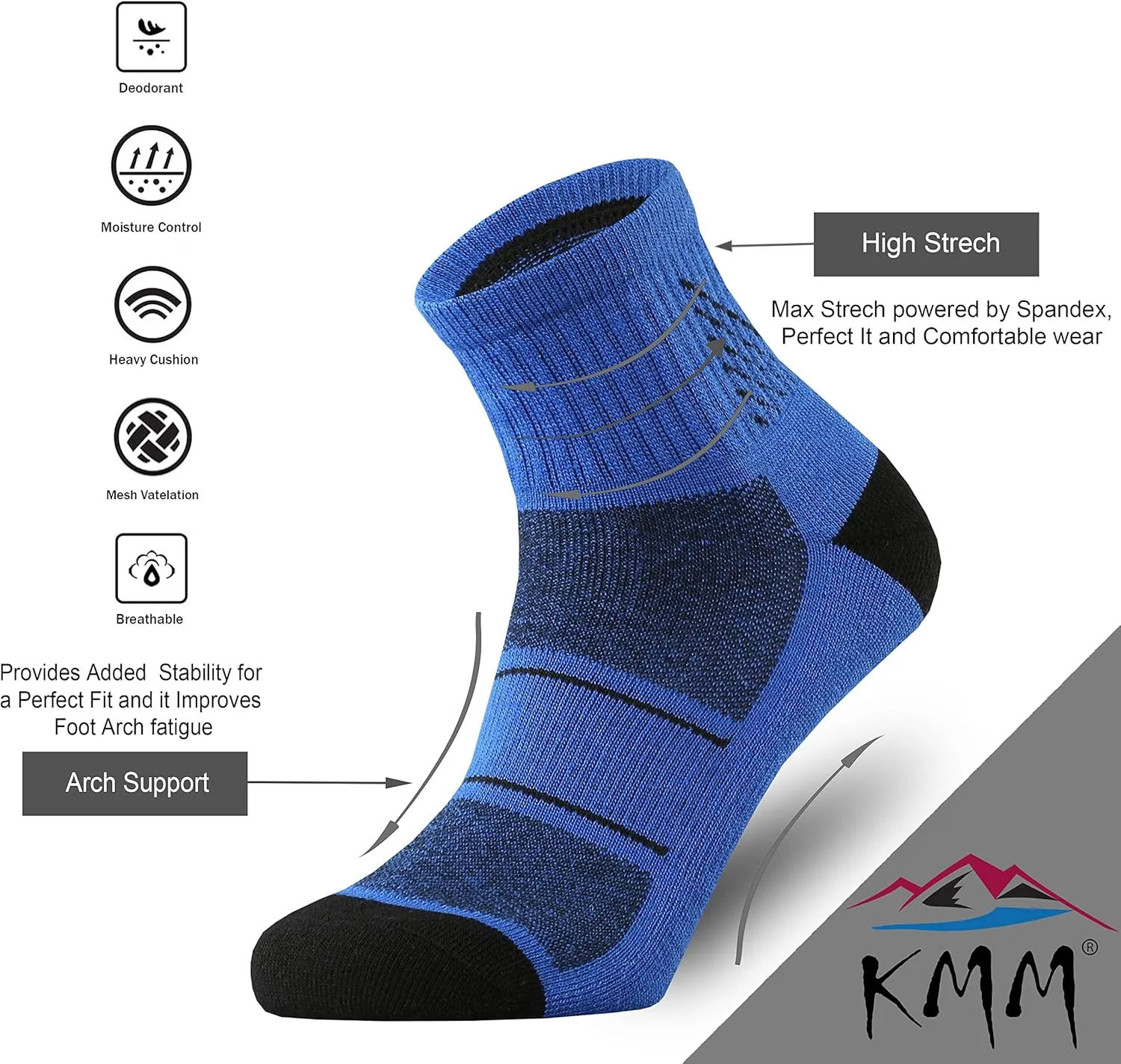 KMM Men's Merino Wool Low Cut Ankle Socks Lightweight Quarter Cushion Anti Blisters Outdoor Hiking Hike Cycling Trail Running
