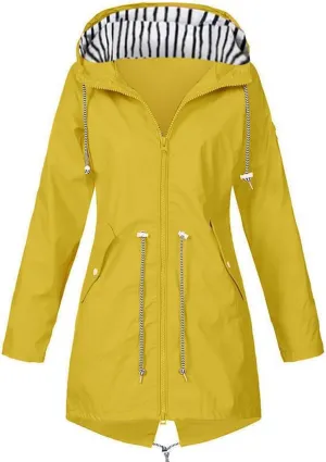 Kubbon Women's Raincoats Lightweight Waterproof Long Hooded Trench Jackets Elastic Waist Windbreaker Active Outdoor Jackets
