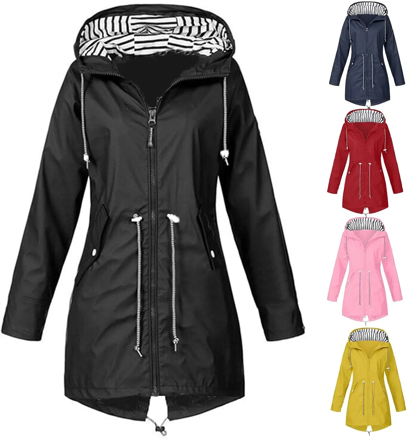 Kubbon Women's Raincoats Lightweight Waterproof Long Hooded Trench Jackets Elastic Waist Windbreaker Active Outdoor Jackets