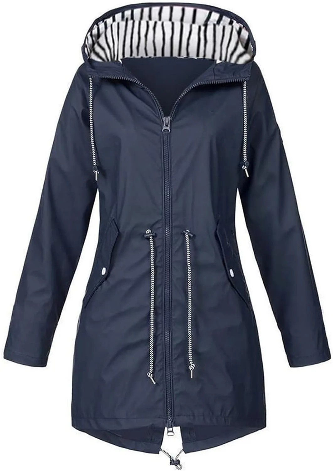 Kubbon Women's Raincoats Lightweight Waterproof Long Hooded Trench Jackets Elastic Waist Windbreaker Active Outdoor Jackets