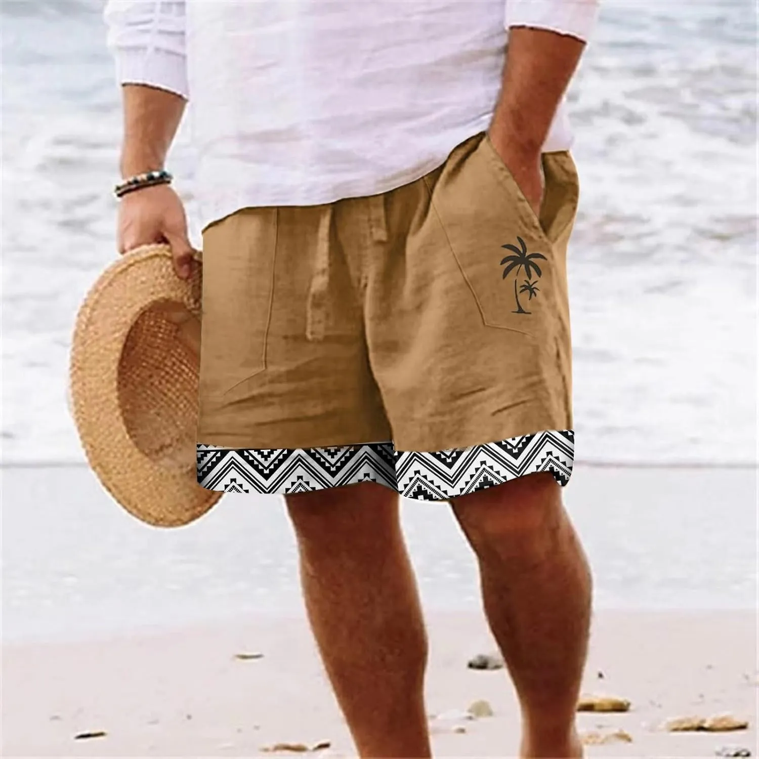 Linen Shorts for Men Loose 3/4 Shorts Drawstring Elastic Waist Baggy Wide Leg Casual Beach Yoga Trousers Men Shorts