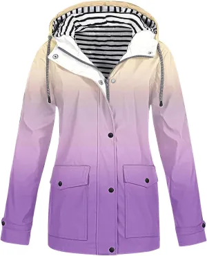 Lmdudan Women Rain Jacket with Hood Gradient Waterproof Lightweight Raincoat Zip Up Travel Hiking Windbreaker Outdoor Coats