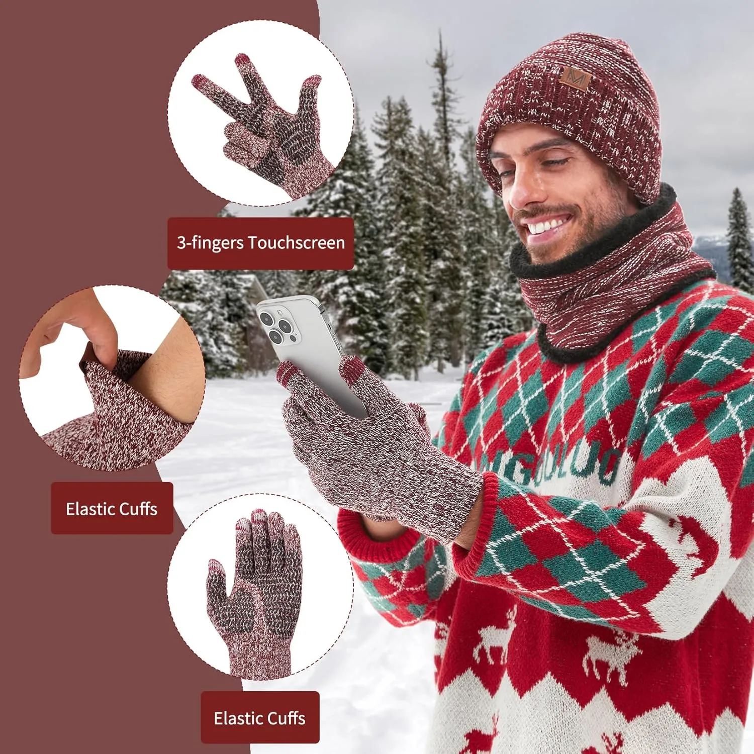 MAYLISACC 3 Pcs Knit Beanie Hat Scarf and Glove Set for Men and Women, Winter Caps Neck Warmer with Touchscreen Gloves