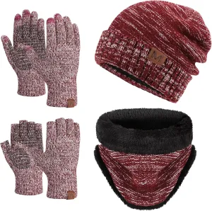 MAYLISACC 3 Pcs Knit Beanie Hat Scarf and Glove Set for Men and Women, Winter Caps Neck Warmer with Touchscreen Gloves