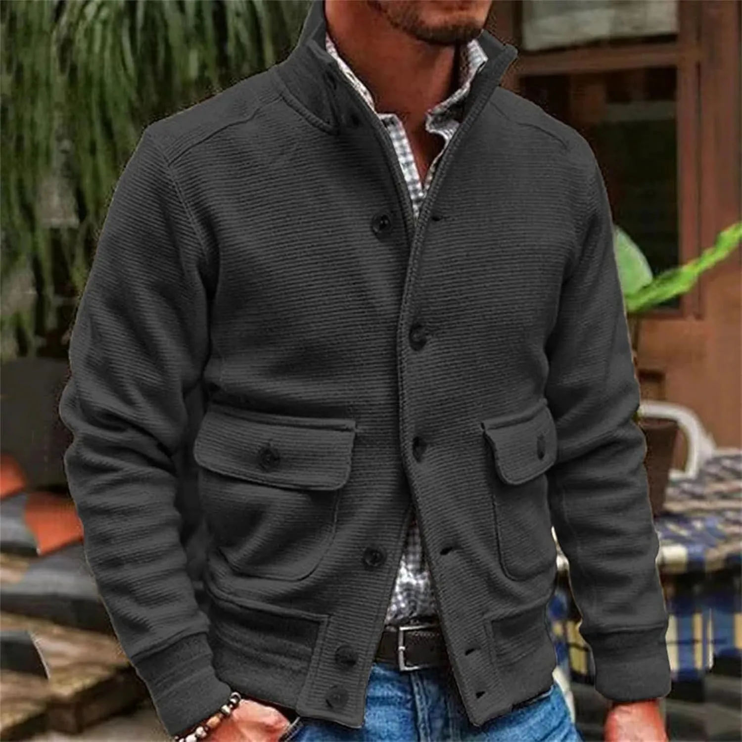 Men's Cardigan Sweater Jacket Casual Chunky Knit Stand Collar Jackets Button Down Long Sleeve Sweaters Fall Winter