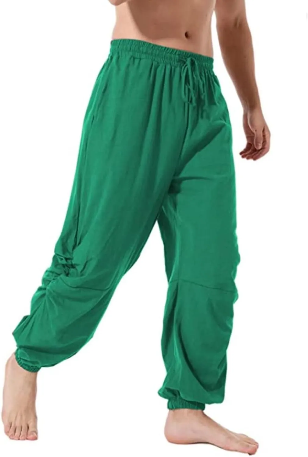Mens Casual Cotton Linen Pants Loose Fit Elastic Waist Drawstring Wide Leg Harem Sweatpants Yoga Jogger Trousers