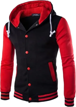 Men's Casual Hooded Varsity Jacket Slim Fit Baseball Jacket Sports Button Brushed Lightweight Warm Winter Coats