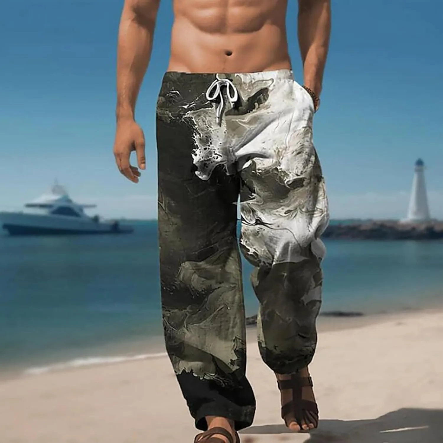 Mens Casual Linen Pants with Pockets Summer Loose Elastic Waist Beach Pants Casual Drawstring Wide Leg Workouts Sweatpants