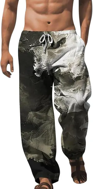Mens Casual Linen Pants with Pockets Summer Loose Elastic Waist Beach Pants Casual Drawstring Wide Leg Workouts Sweatpants