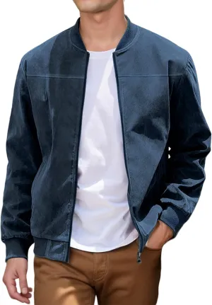 Men's Casual Varsity Jacket Lightweight Vintage Suede Bomber Jackets Full Zip Casual Trucker Jacket for Men
