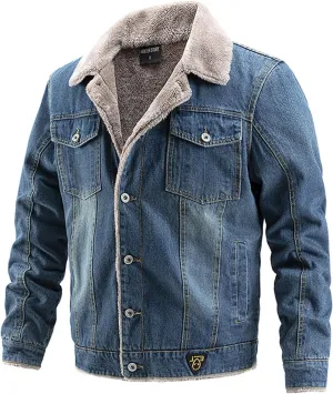 Mens Fleece Jacket Winter Sherpa Fleece Lined Denim Jackets Button Down Trucker Thick Warm Cotton Jean Coat with Pocket