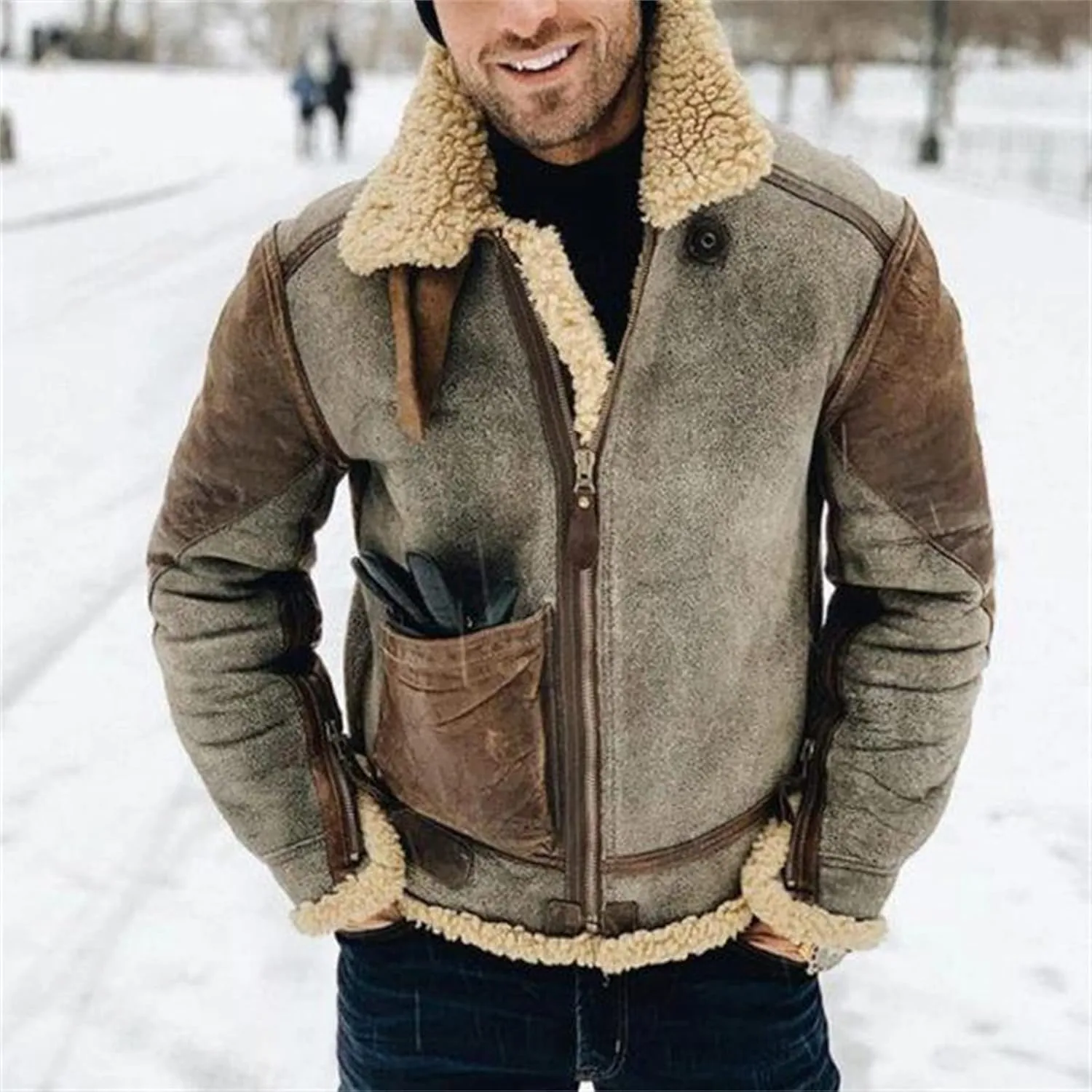Mens Lamb Wool Bomber Coat Winter Warm Faux Suede Fleece Sherpa Lined Jackets Full Zip Faux Fur Trench Coat Outerwear