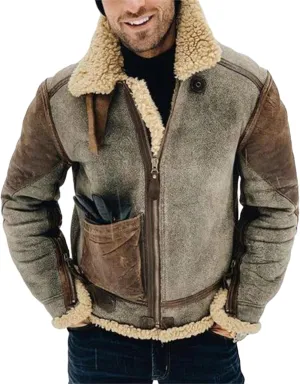 Mens Lamb Wool Bomber Coat Winter Warm Faux Suede Fleece Sherpa Lined Jackets Full Zip Faux Fur Trench Coat Outerwear