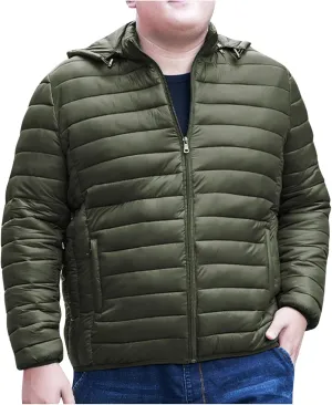 Men's Lightweight Puffer Jacket Plus Size Full Zip Warm Puffy Jackets Hooded Outerwear Winter Insulated Down Coat
