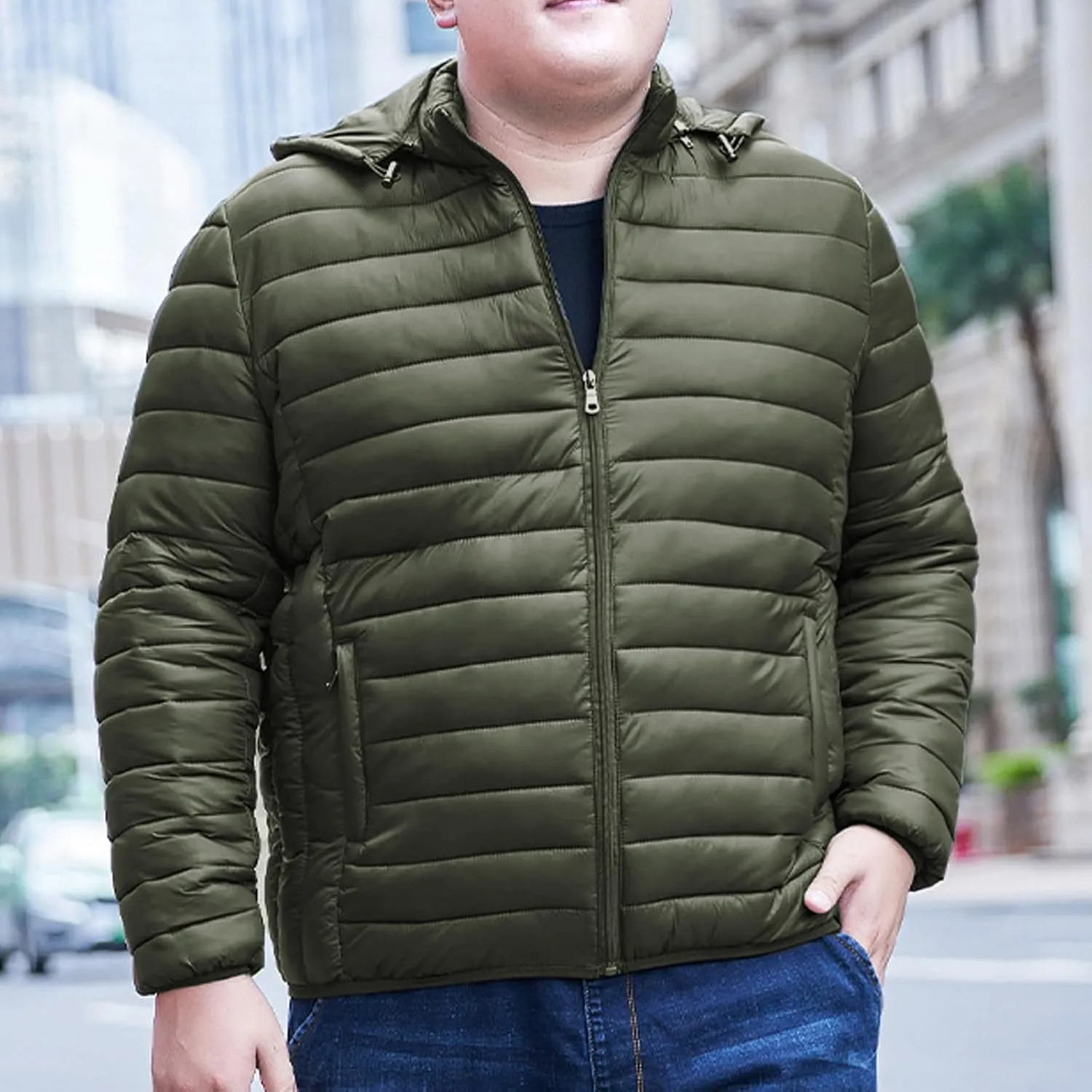 Men's Lightweight Puffer Jacket Plus Size Full Zip Warm Puffy Jackets Hooded Outerwear Winter Insulated Down Coat