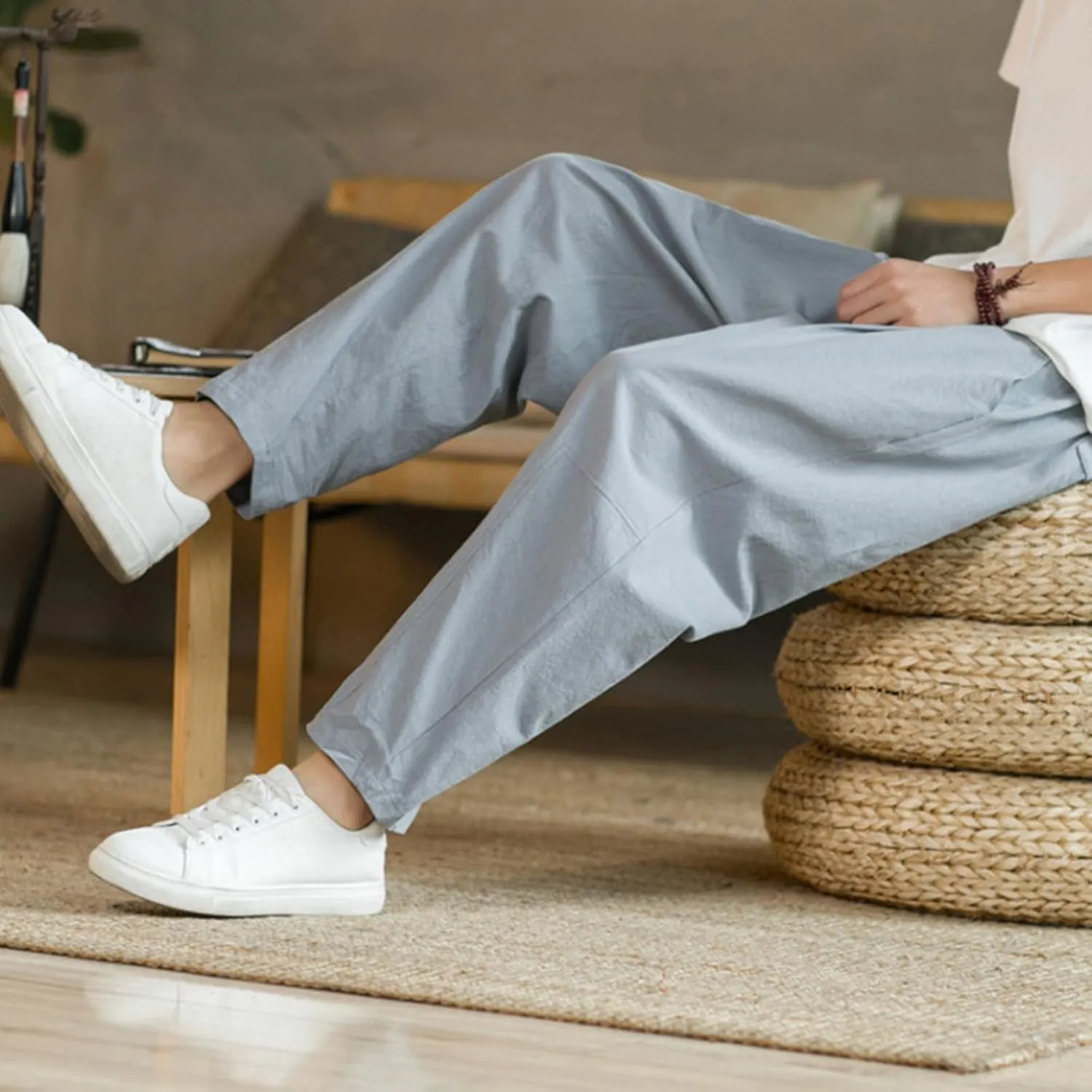 Mens Linen Cotton Pants Casual Drawstring Elastic Waist Beach Loose Fit Trousers Drawstring Loose Open Bottom Yoga Trousers